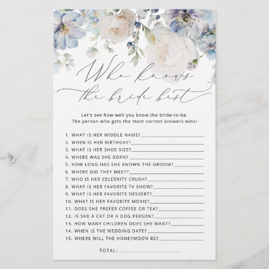 Papier Blue Floral qui connaît Marié le meilleur jeu de d (Devant)