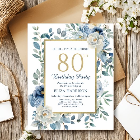Papier Blue Floral Surprise 80e Invitation budgétaire