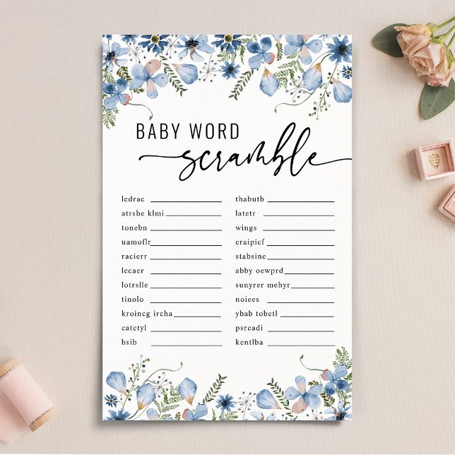 Papier Blue Florals Baby Word Scramble Baby shower Jeu (Créateur téléchargé)