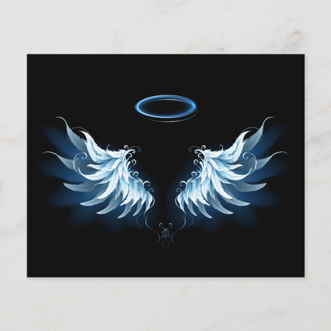 Papier Blue Glowing Angel Wings on black background (Devant)