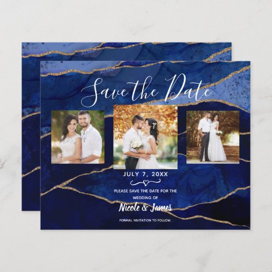 Papier Blue & Gold Agate Mariage moderne Enregistrer la d (Devant / Derrière)