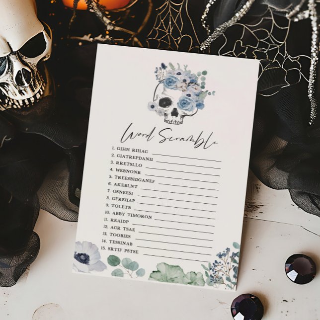 Papier Blue Gothique Floral Crâne Mot Scramble Jeu (Floral Skull Baby Shower Word Scramble Game)