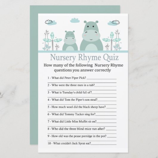 Papier Blue Hippo Nursery Rhyme Quiz jeu de baby shower (Devant / Derrière)