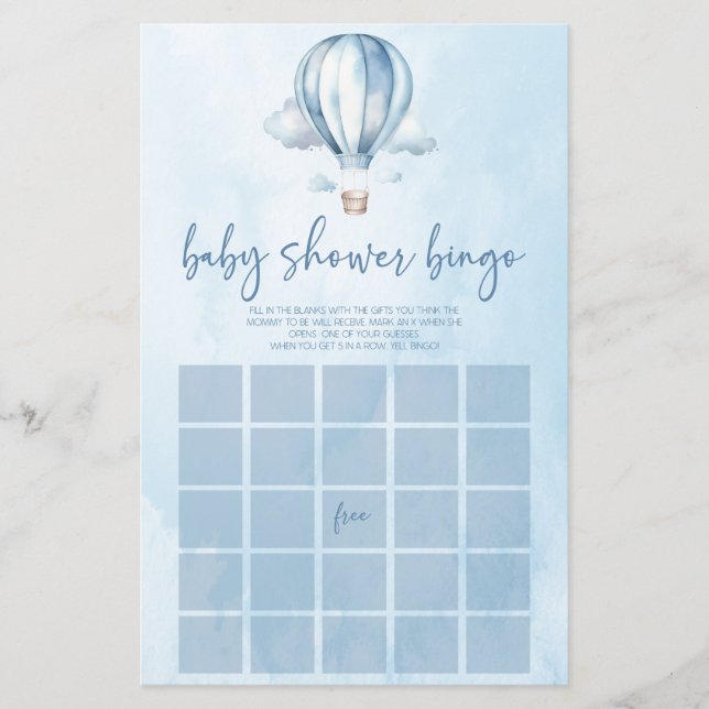 Papier Blue Hot Air Balloon Bingo Baby shower Jeu (Devant)