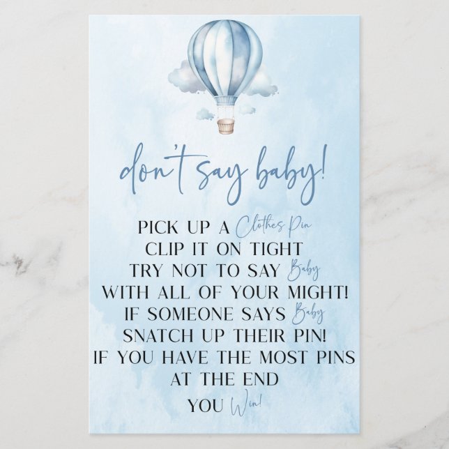 Papier Blue Hot Air Balloon ne pas dire Baby shower jeu (Devant)