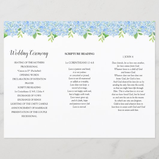 Papier Blue Hydrangea Botanical Mariage Ordre de service (Dos)