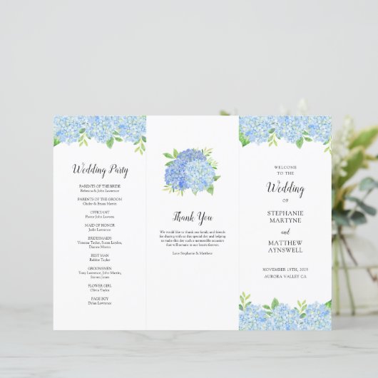 Papier Blue Hydrangea Botanical Mariage Ordre de service (Debout devant)
