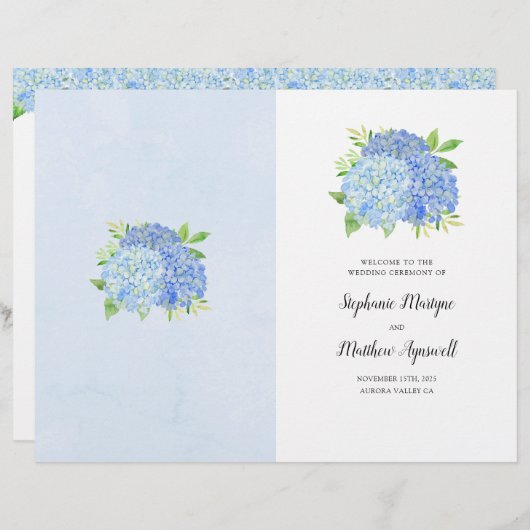 Papier Blue Hydrangea Bouquet Mariage Ordre de service (Devant / Derrière)