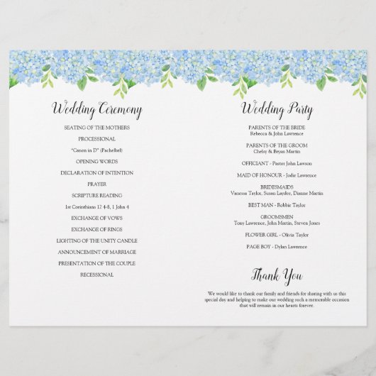 Papier Blue Hydrangea Bouquet Mariage Ordre de service (Dos)