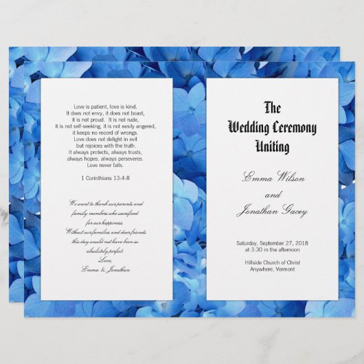 Papier Blue Hydrangea Christian Catholic Wedding Programm (Devant / Derrière)