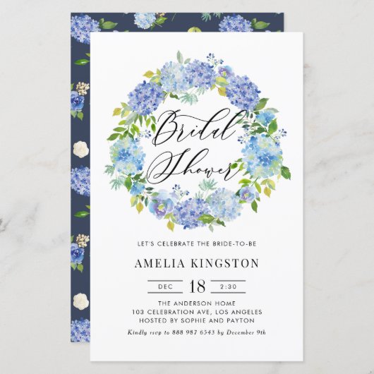 Papier Blue Hydrangea Wreath Bridal Show Invitation (Devant / Derrière)