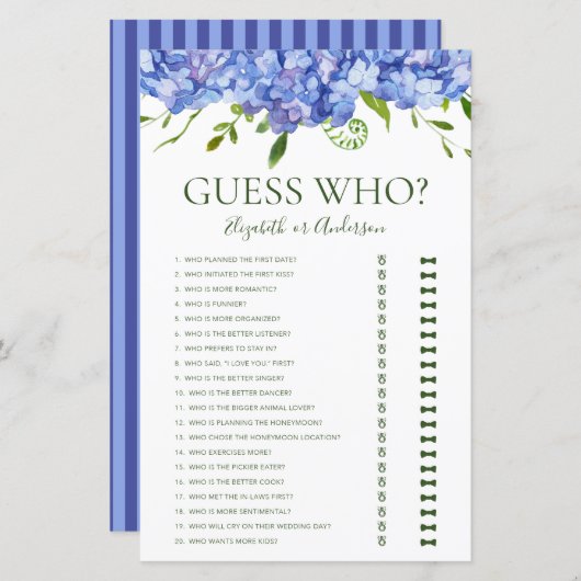 Papier Blue Hydrangeas Devinez Qui Fête des mariées Jeu (Devant / Derrière)