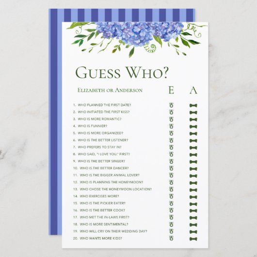 Papier Blue Hydrangeas Floral Aquarelle Devinez Qui Jouer (Devant / Derrière)