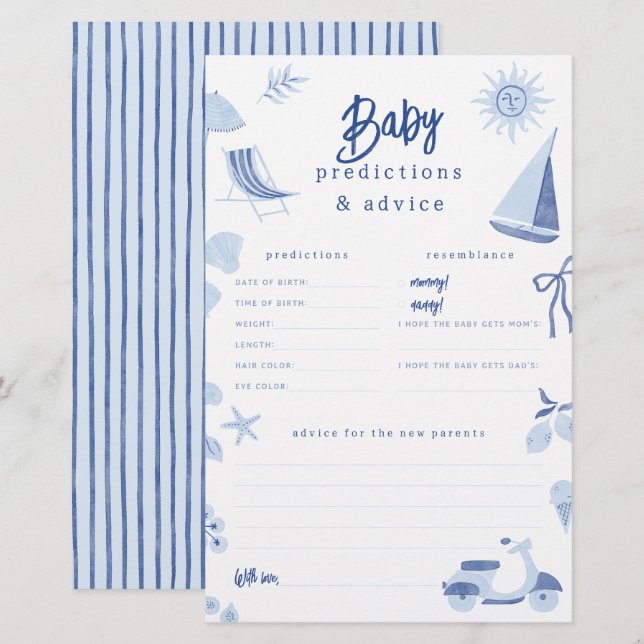 Papier Blue Italian Summer Baby Predictions & Advice Game (Devant / Derrière)