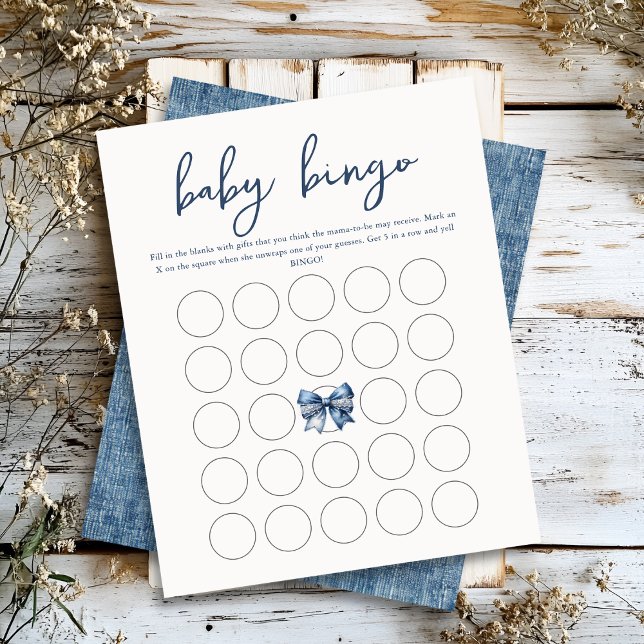Papier Blue Jean Denim Bow Baby Bingo Fiches de jeu (Créateur téléchargé)