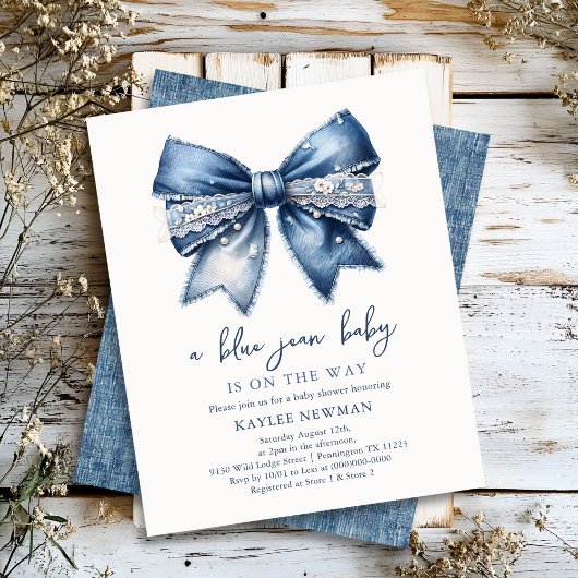 Papier Blue Jean Denim Bow Baby shower Invitation