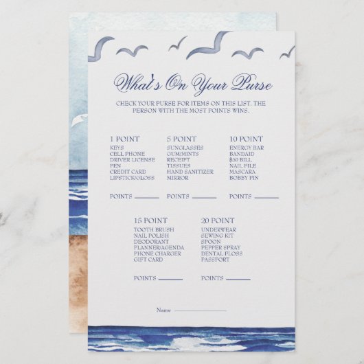 Papier Blue Nautical Coastal Sea Whats on Your Purse Game (Devant / Derrière)
