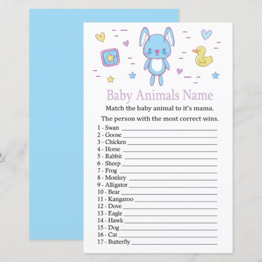 Papier Blue Rabbit Bébé Animaux Nom Jeu (Devant / Derrière)