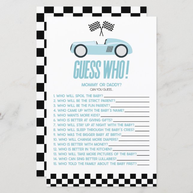Papier Blue Race Car Devinez Qui Baby shower Jeu (Devant / Derrière)