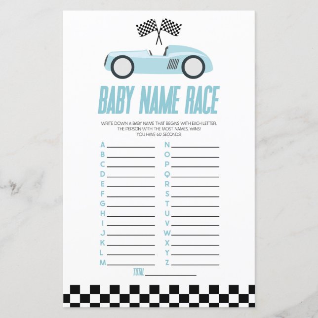 Papier Blue Race Nom de voiture Course Baby shower Jeu (Devant)