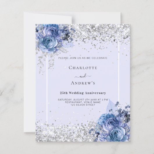 Papier Blue rose lavande argent 25e faire-part de mariage (Devant)