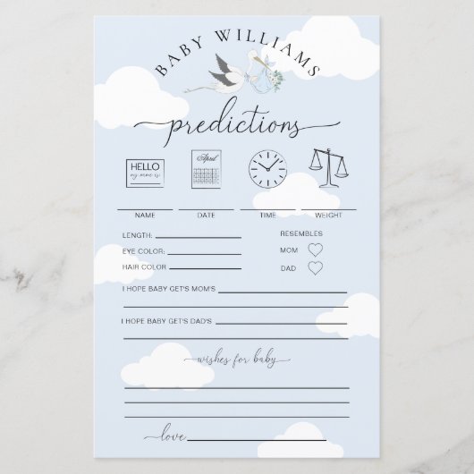 Papier Blue Stork Baby Predictions Jeu (Devant)