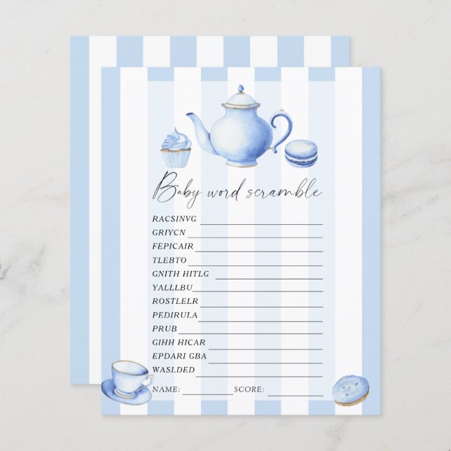 Papier Blue tea party - jeu de baby shower Word scramble (Devant / Derrière)
