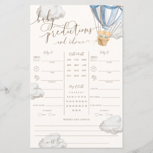 Papier Blue Teddy Bear Twins Baby Predictions Game (Devant)