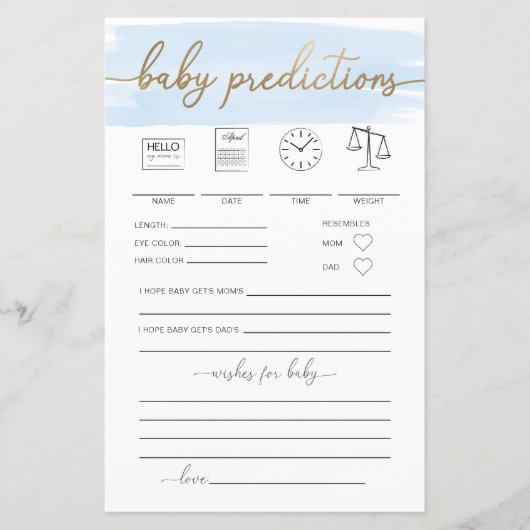 Papier Blue Watercolor Baby Predictions Jeu (Devant)