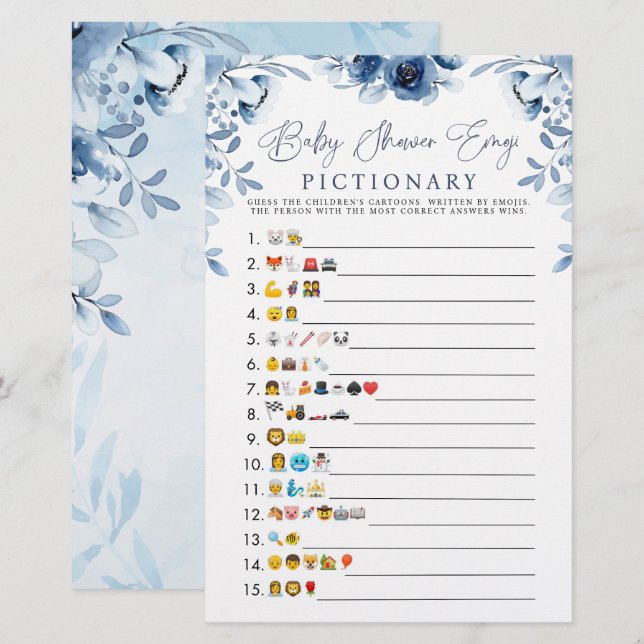 Papier Blue Watercolor Baby shower Emoji Jeu (Devant / Derrière)
