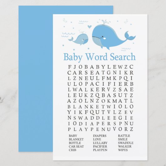 Papier Blue Whale Baby shower Word Recherche Jeu (Devant / Derrière)