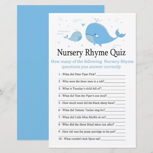 Papier Blue Whale Nursery Rhyme jeu de baby shower (Devant / Derrière)