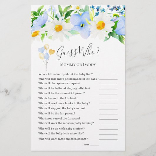 Papier Blue White Floral Devinez Qui Baby shower Jeux (Devant)