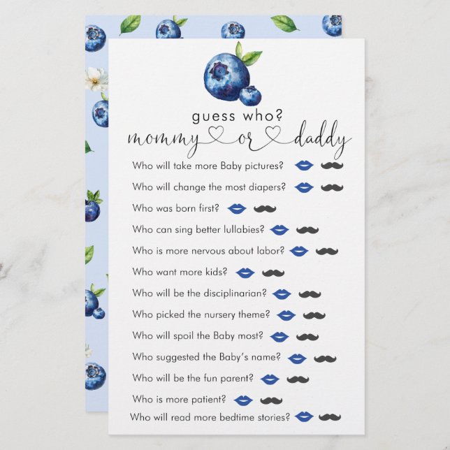 Papier Blueberry Baby shower "Devinez qui" Jeu (Devant / Derrière)