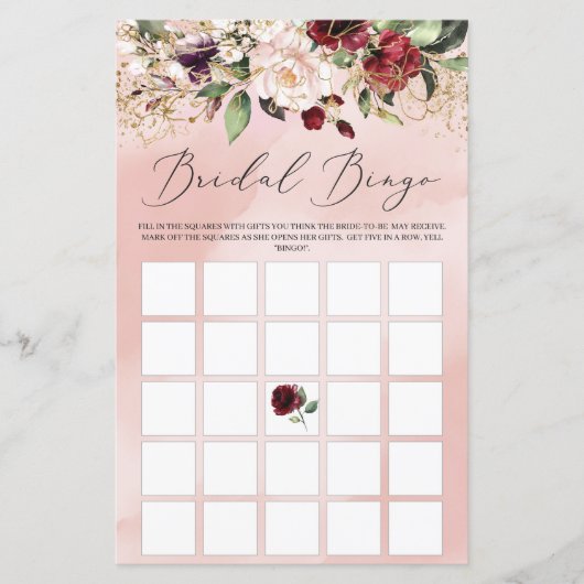 Papier Blush Bourgogne Floral Boho Bride jeu de bingo (Devant)