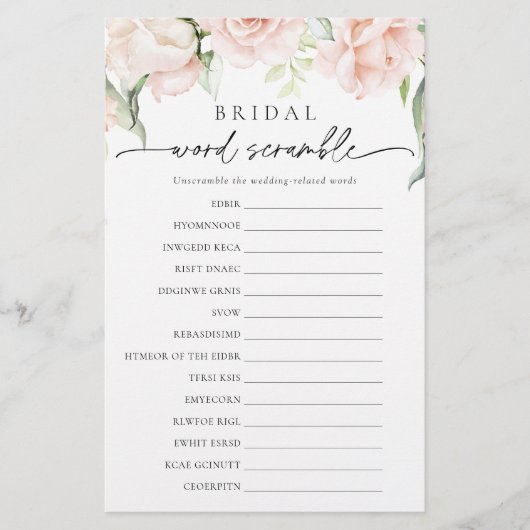 Papier Blush Floral Bridal Mot Scramble Jeu de douche (Devant)