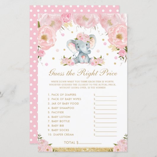 Papier Blush Floral Elephant Devine le bon jeu de prix (Devant / Derrière)