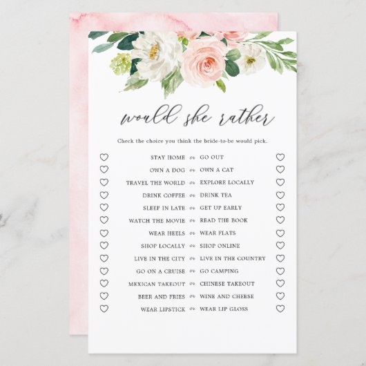 Papier Blush Floral Voudrait-Elle Plutôt Fête des mariées (Devant / Derrière)