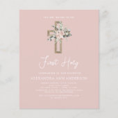 Papier Blush Pink First Holy Communion Invitation florale (Devant)