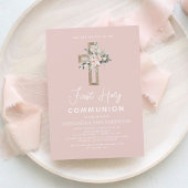 Papier Blush Pink First Holy Communion Invitation florale