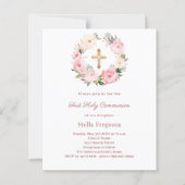 Papier Blush pink floral cross First Communion invitation (Devant)