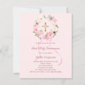 Papier Blush pink florals bow First Communion invitation (Devant)