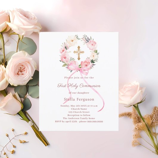 Papier Blush pink florals bow First Communion invitation