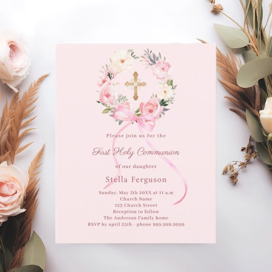 Papier Blush pink florals bow First Communion invitation