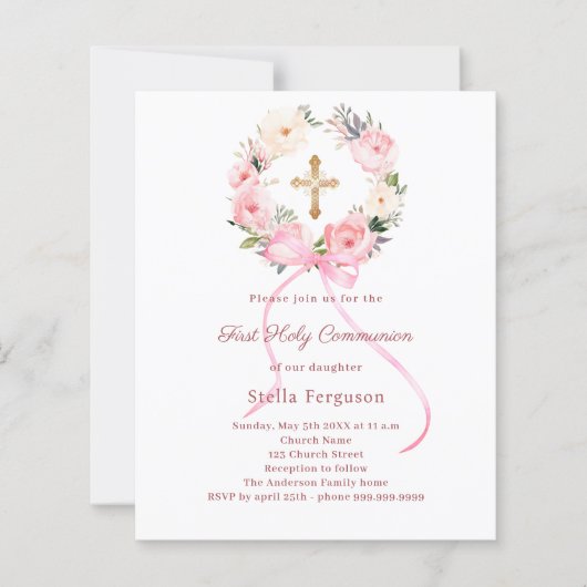 Papier Blush pink florals bow First Communion invitation (Devant)