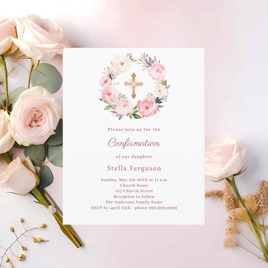 Papier Blush pink florals cross Confirmation invitation