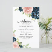 Papier Blush Pink Navy Blue Floral Modern Wedding Program (Debout devant)