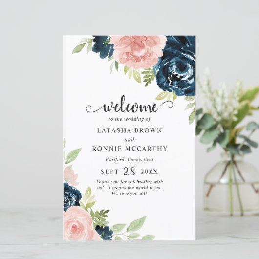 Papier Blush Pink Navy Blue Floral Modern Wedding Program (Debout devant)