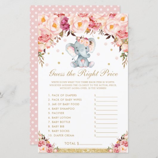 Papier Blush Rose Elephant Devine le bon jeu de prix (Devant / Derrière)