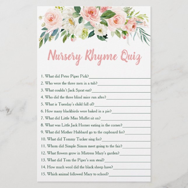 Papier Blush rose Floral Nursery Rhyme Baby shower jeu (Devant)